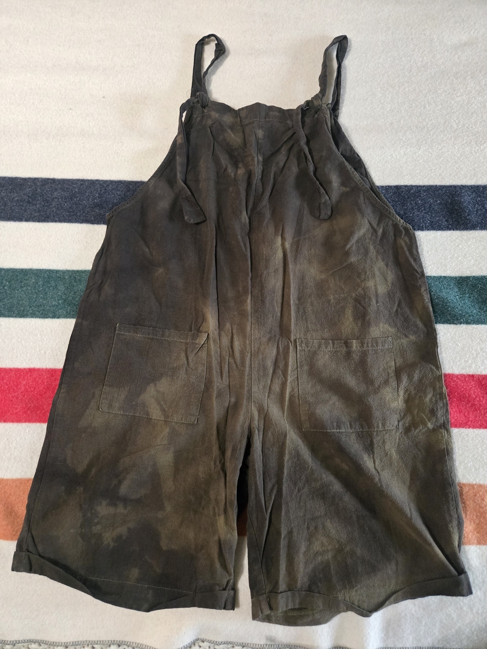 Cotton Tie-Strap Utility Romper in Olive Green Tie Dye